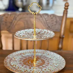 Vintage Stangl Pottery “Antique Gold” Two-Tier Serving Stand – Embossed Gold Tidbit Tray – 1950s Stangl USA – 10” & 6” Plates