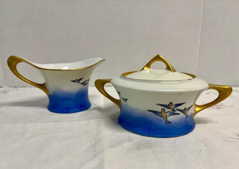 Hutschenreuther Selb Bavaria Art Deco Cream & Sugar Hand Painted Swallows Blue Ombré