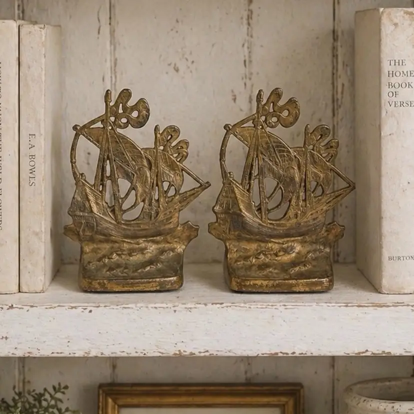 Pair Vintage Cast Iron Brass Color Ship Galleon Nautical Bookends Door Stops