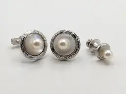 Vintage Silver Pearl Cufflinks and Tie Tack Set Mother of Pearl