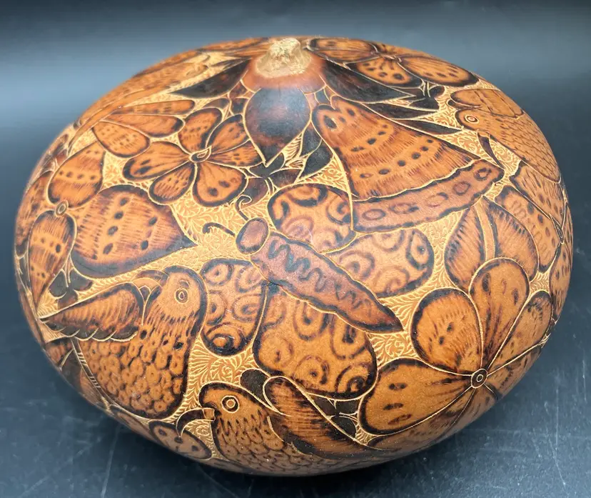 BIN - Beautiful Art Gourd Birds Flowers Butterfly. Intricate Designs And Carvings 5.5”