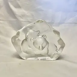 Mats Jonasson Etched Crystal Two Bear Cubs Sculpture Figurine Paperweight EUC