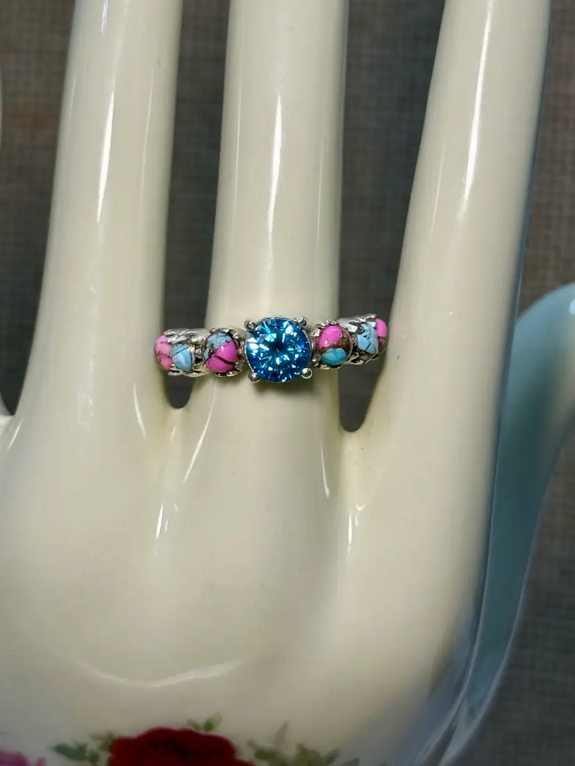 Southwestern Sterling 925 Cotton Candy Spiny Oyster Turquoise & Blue Quartz Ring 7.5 Adjustable