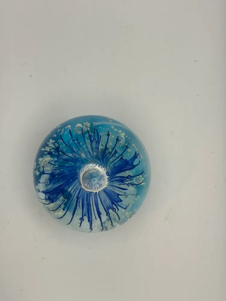 Glass Sphere Paperweight Teal With Blue Flower 4”