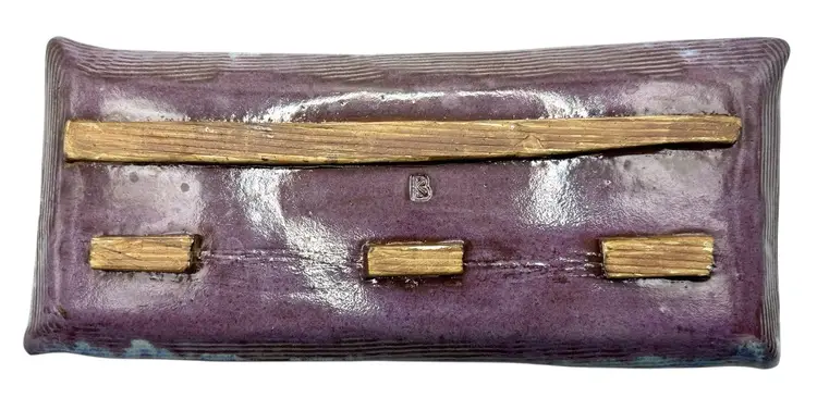 Signed KB Studio Art Pottery Plate Dish Purple Blue Gray Rectangle 12.75 x 5.5”