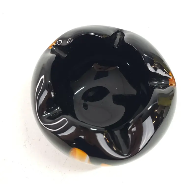 Handblown Studio Art Glass Black Amethyst Yellow Orange Amoeba Dish Bowl 5.5"