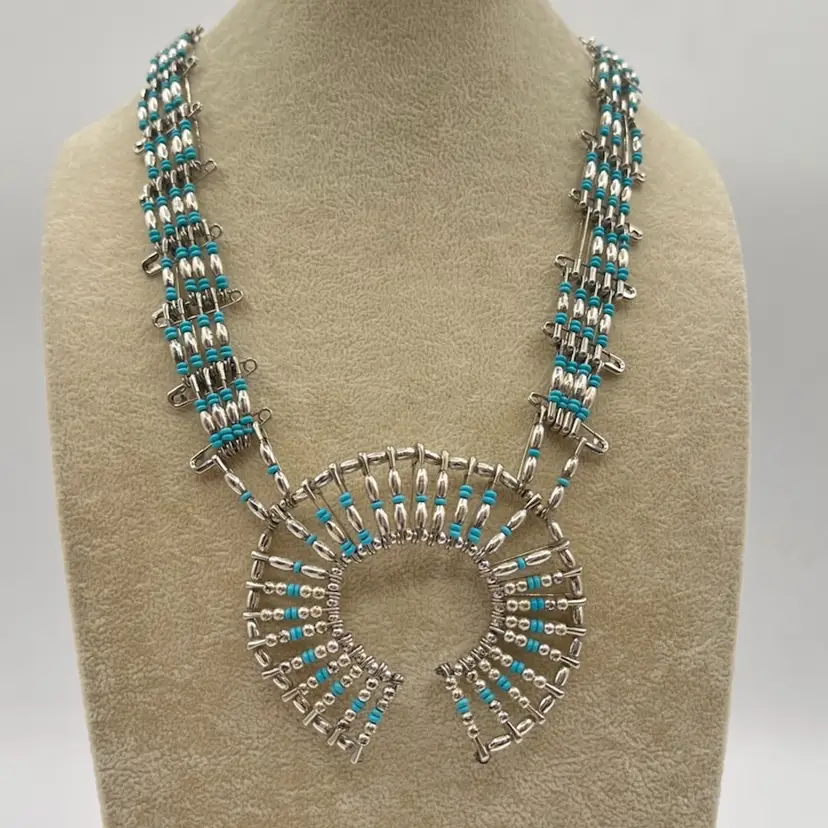 Thrift Store Find - Vintage Handmade Faux Turquoise Squash Blossom Necklace Safety Pin 🧷