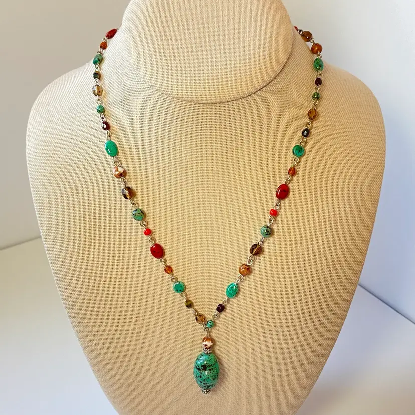 Vintage Napier Retro Faux Turquoise Pendant Beaded Stone Station Y Drop Necklace