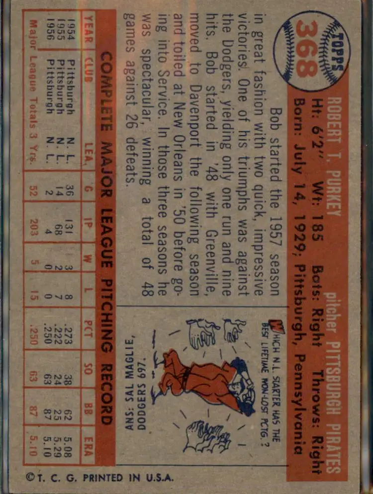 1957 Topps #368 Bob Purkey - (pk1) - Pittsburgh Pirates