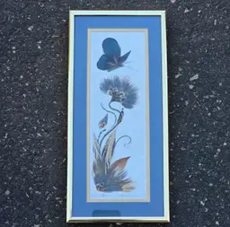 Feather Art Butterfly Flower Plant Assembled In 3D Laurel Krause Signed & Framed