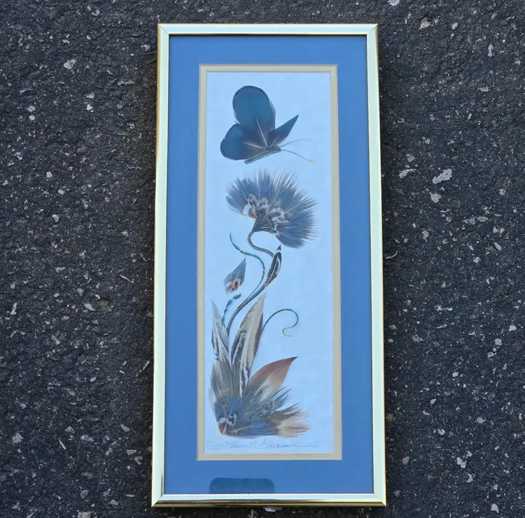 Feather Art Butterfly Flower Plant Assembled In 3D Laurel Krause Signed & Framed