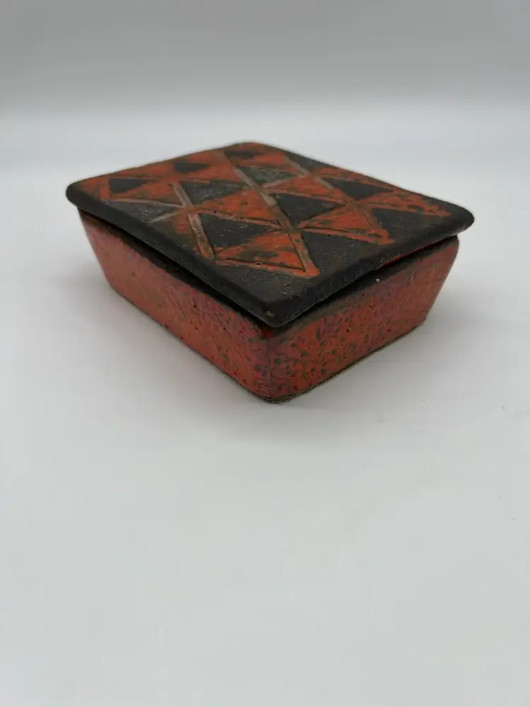 Vintage Italian Pottery Trinket Box: Red & Black Geometric Design