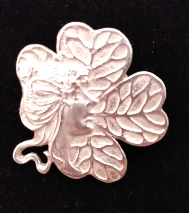VTG Sterling Silver ART NOUVEAU Woman Clover Leaf Brooch Pin Pendant 1"