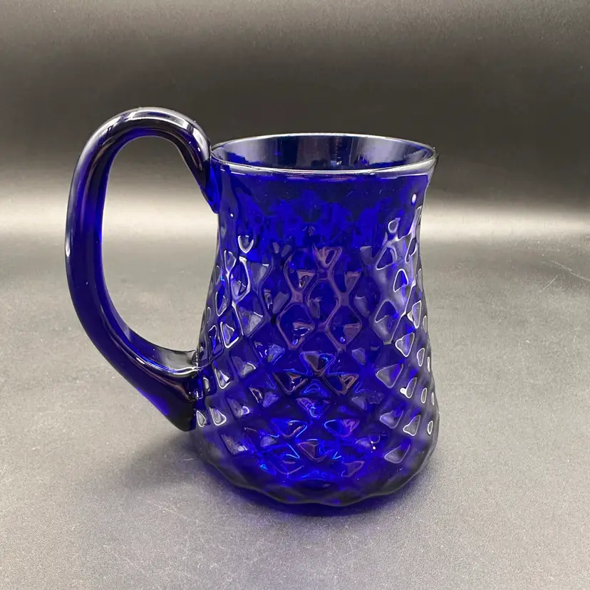 Gorgeous Cobalt Blue Diamond Dimpled Art Glass Pitcher, Signed Mark Matthews 85’