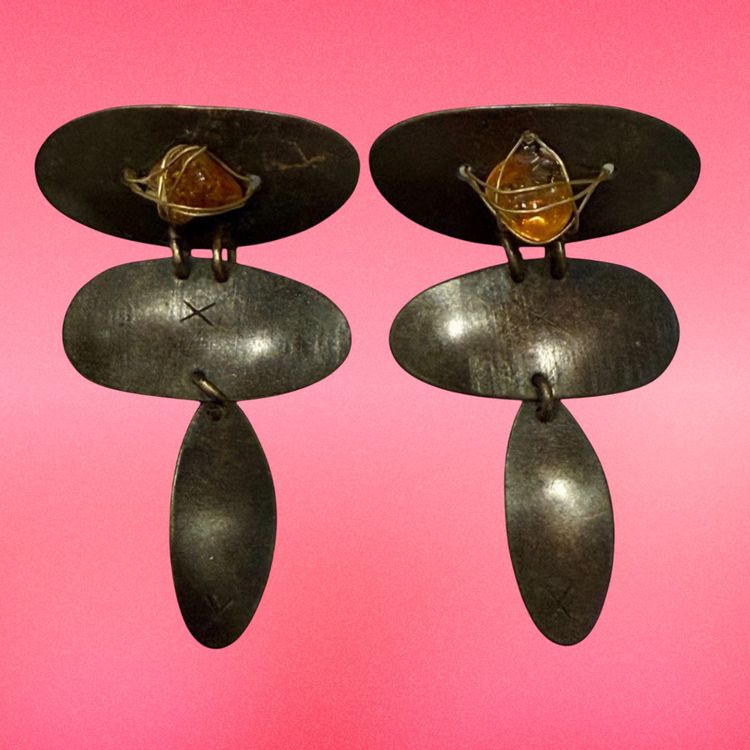 Artisan Made Metal Genuine Amber Modernist Dangle Earrings 2.5”
