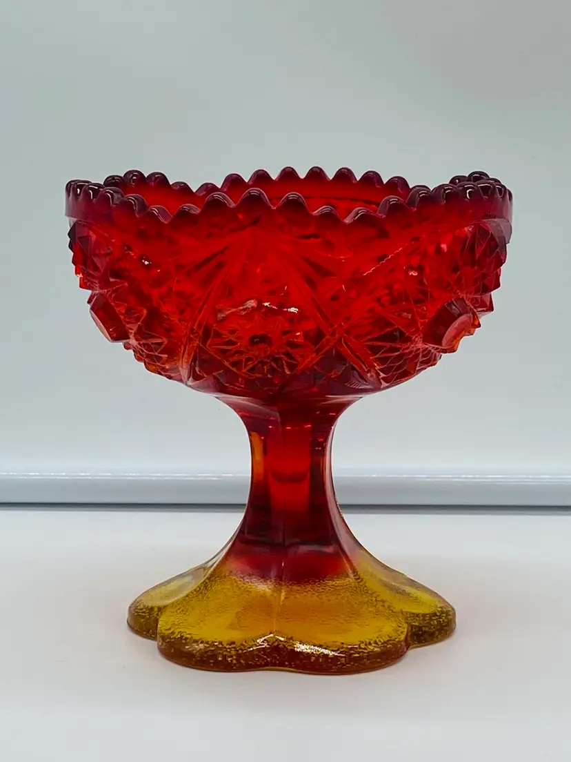 Vintage Kemple Glass Amberina Cadmium Compote Martec Pattern Petal Base Glows 5"