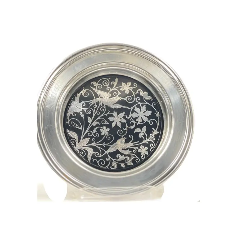 Vintage Wine Coaster 
By Oneida USA  
Inlay Birds Silver plated 
Art Nouveau Black Bakelite 
Inlay Birds and Flowers 
Bottle Holder