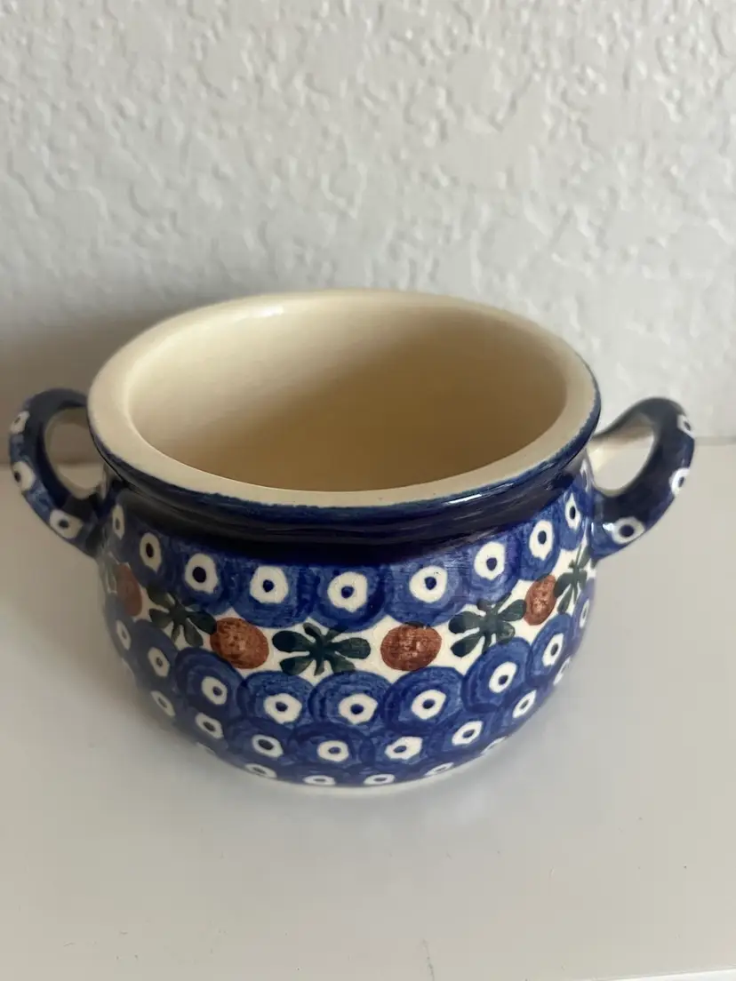 Handmade Polish Pottery Soup Cup Bowl Peacock Pattern Cobalt Blue Boleslawiec