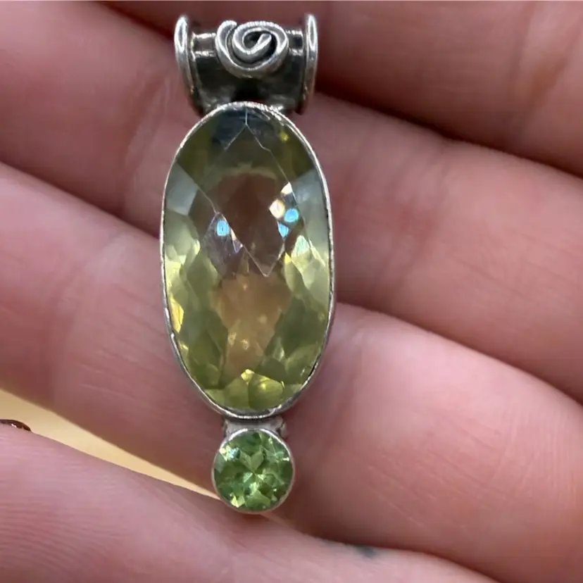 Facet Cut Oval Lemon Citrine Peridot Accent Artisan Made Sterling Silver Pendant 1.5”