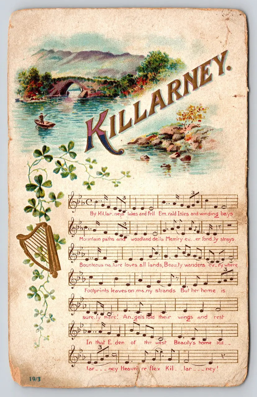 Postcard Killarney Music Sheet St Patrick's Day - "Dirty Missouri River Water" Message on back - 15300