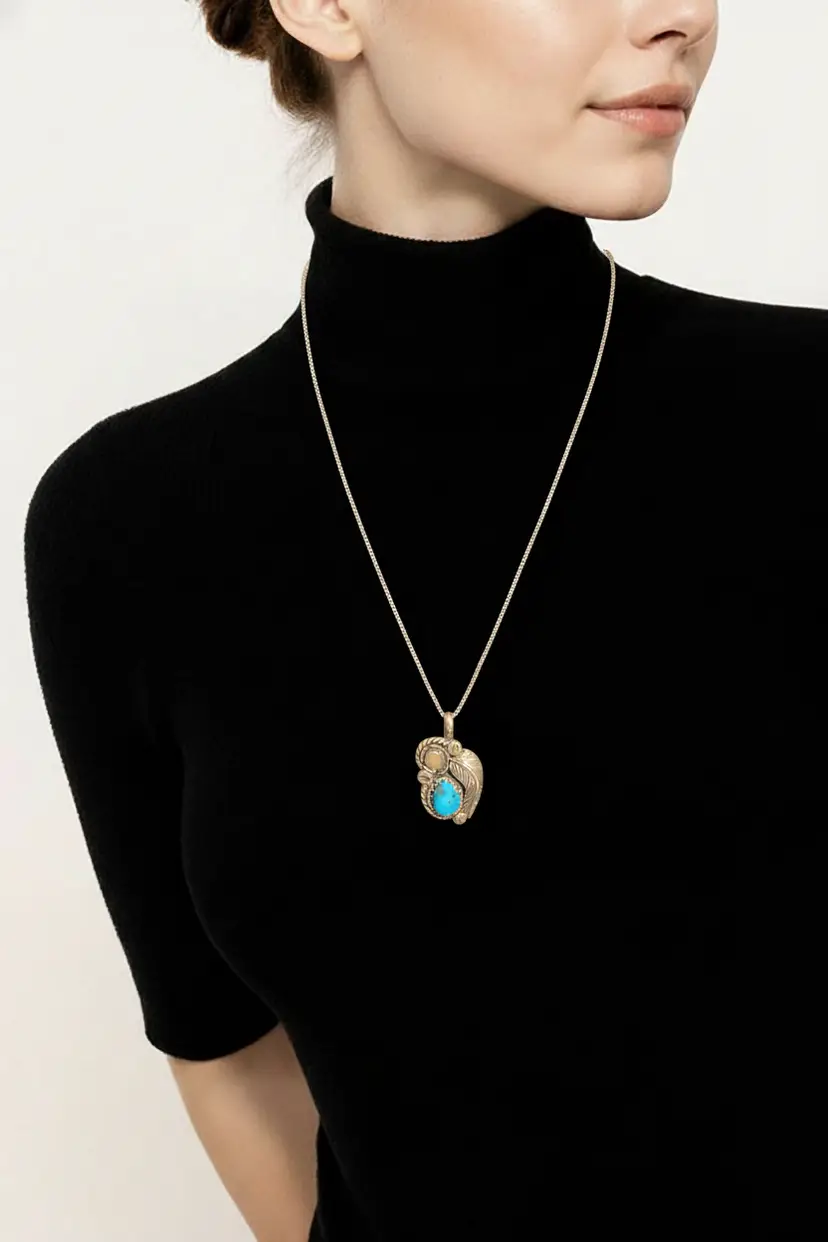 Vtg Navajo Turquoise & Mother of Pearl Silver Pendant Necklace and 8" Sterling Silver Box Chain