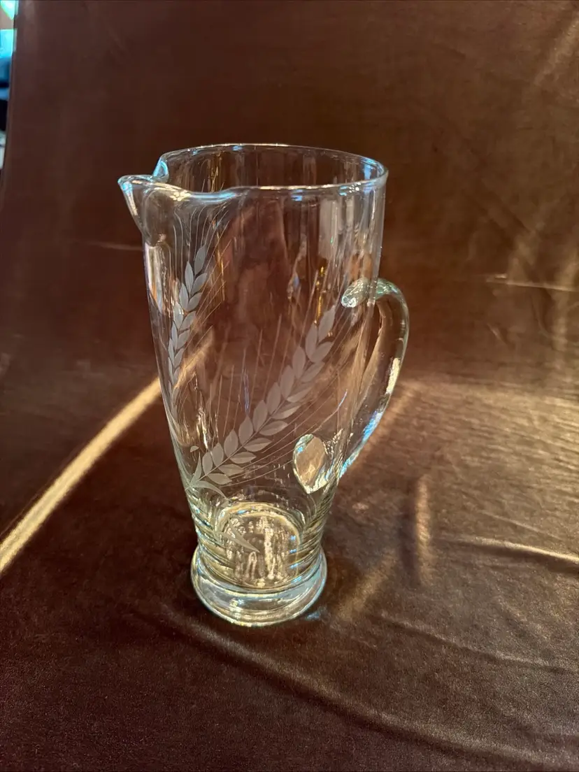 Etched Wheat-Clear Blown Glass Design 9” Martini Pitcher