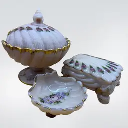 Antique Cambridge Pink Milk Glass Charleton Hand Decorated Tuscan Clam Shell Vanity Set - Lidded Pedestal Dish, Cigarette Case, & Trinket Dish