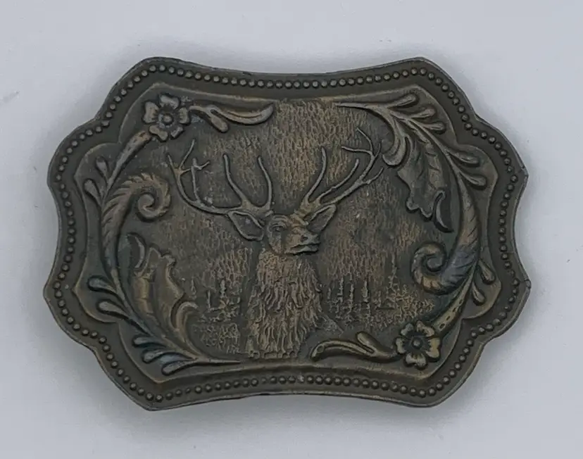 VTG Embossed Metal Belt Buckle Deer Buck 1960s-70s Patina Tiffany Studio (Fake-see Description)