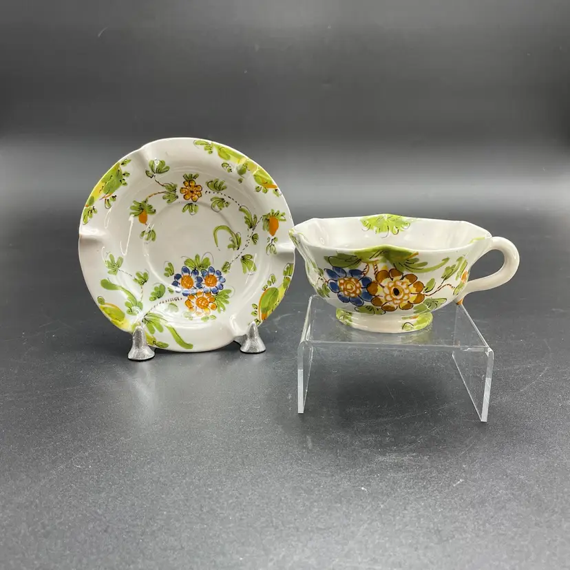 Cantagalli Firenze Italian Majolica Pottery Floral Teacup Saucer Cockerel Signed