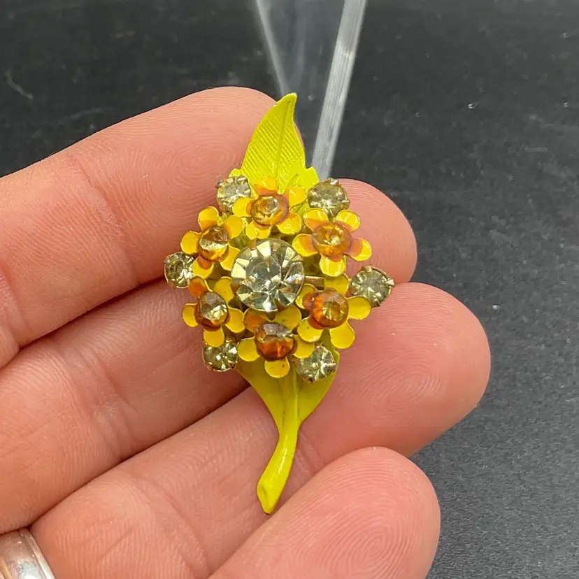 Vintage Enamel Rhinestoned Yellow Floral Leaf Brooch