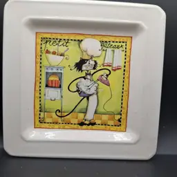 Cat Chef Square Ceramic Plate 7.75"x7.75" Made In Italy With Cartoon Design