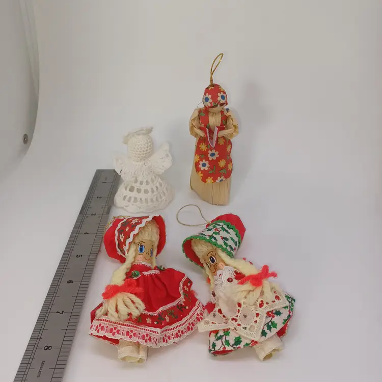 Vintage 4 pc Handmade Christmas Ornaments, Holly Hobbie, corn husk doll, crochet angel
