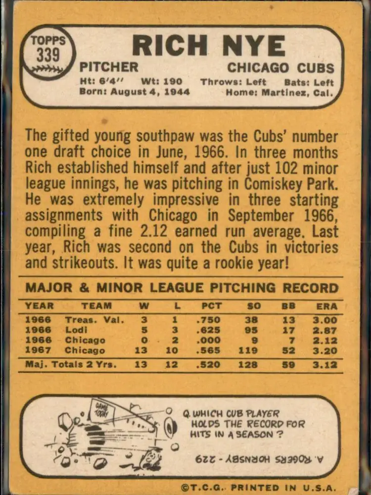 1968 Topps #339 Rich Nye - (pk3) - Chicago Cubs