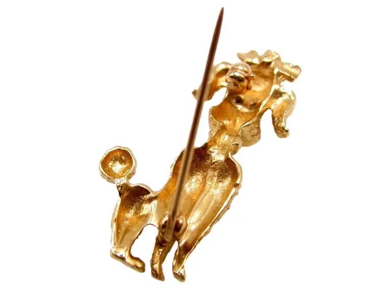 Fab 14k Gold French Poodle Pin Red Stone Eyes Figural Brooch