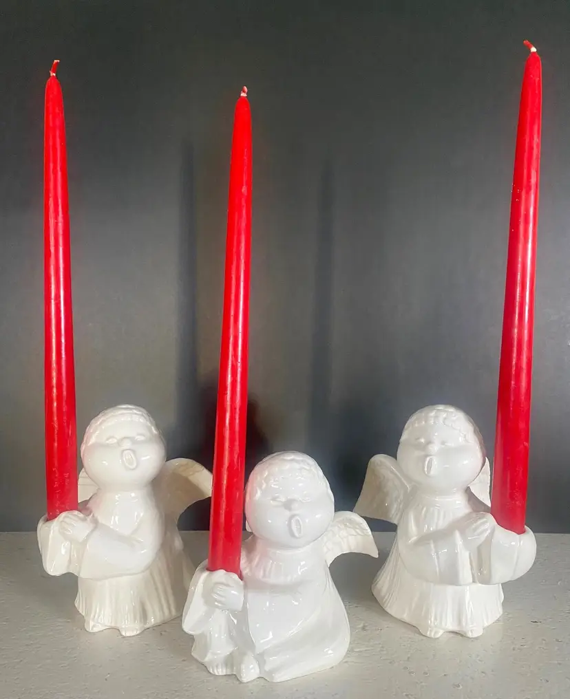 *VTG* Fitz & Floyd Ceramic Cherub Angels Christmas Singing Candle Holders, Japan