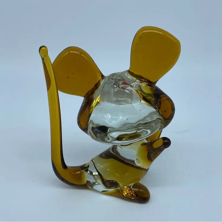 #1403 Vintage hand-blown glass mouse figurine in amber and clear glass.