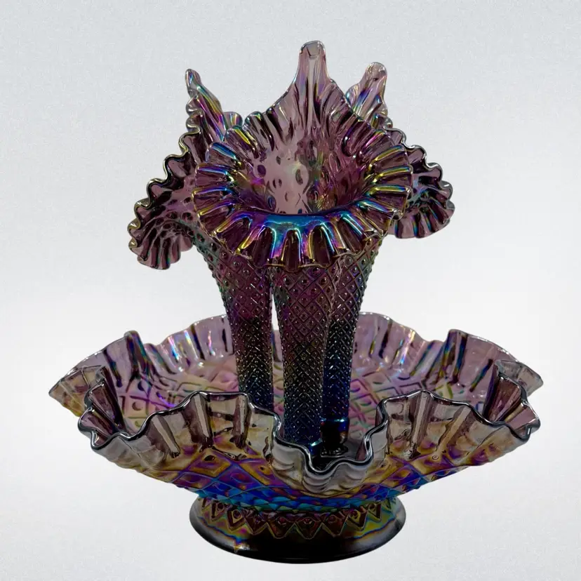 FENTON Epergne “Diamond Lace’ Amethyst Purple  Carnival Glass•3  Horn•Vase|Bowl •UV Glow•Scarce
9.75” T x 10.25” W