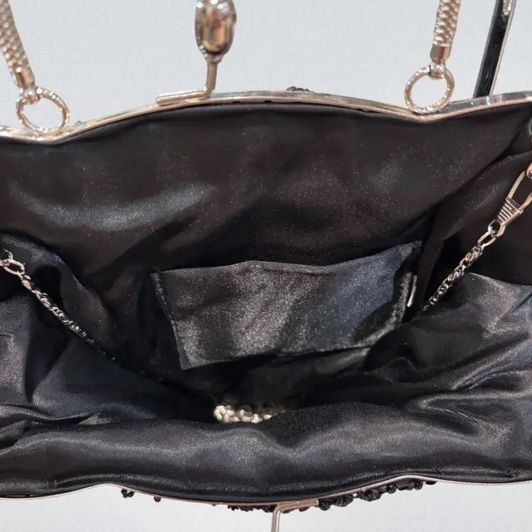 🖤 Vintage Black Beaded Evening Bag / Clutch with Handle & Chain Strap 🖤