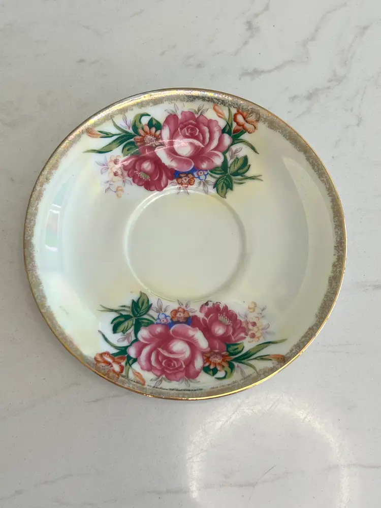 Vintage Iridescent Rose Teacup Saucer Set Footed Gold Trim Lusterware