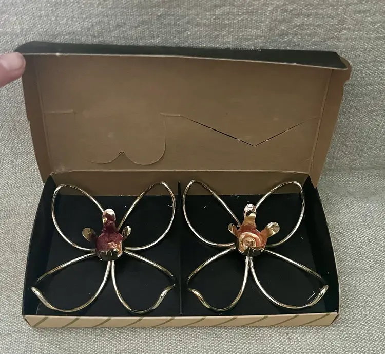 Vtg Metal Candlestick Holder Boho Double Gold Tone Floral Retro MCM Tapered USA