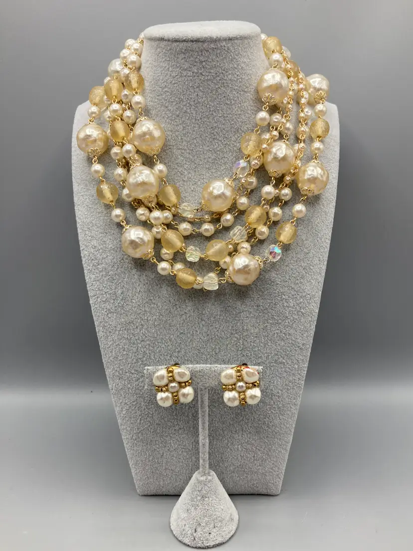 Vintage Pearl-like 7 Strand Necklace Goldtone - Made in Japan