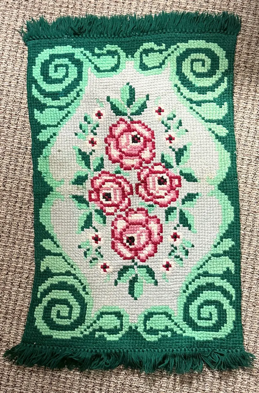 Vintage Roses Art Textile Wall Art, Rug Or Table Runner Handmade