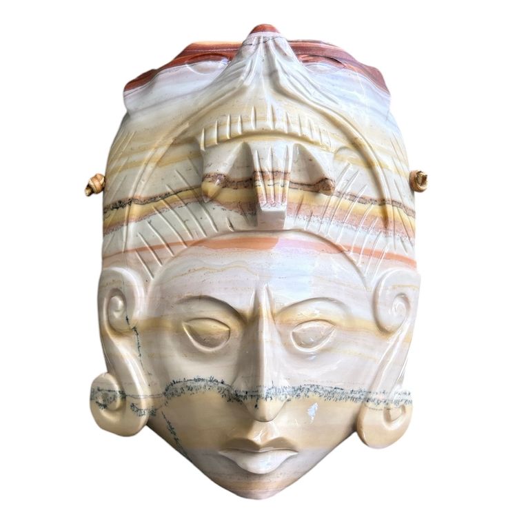 Hand Carved Cream And Beige Colored African Onyx Marble Style Wall Hanging Face Mask