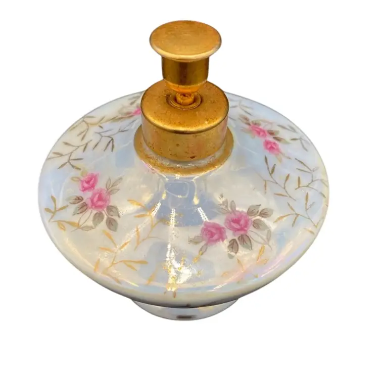 Mid-Century HolmSpray Porcelain Pump Perfume Bottle, Rose Flowers, Iridized