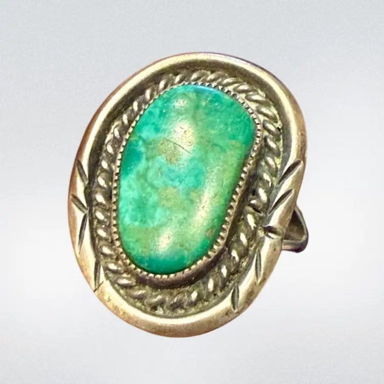 Vintage Native American Navajo Green Turquoise Sterling Silver Ring Sz 6.25, 6.4g, Tested