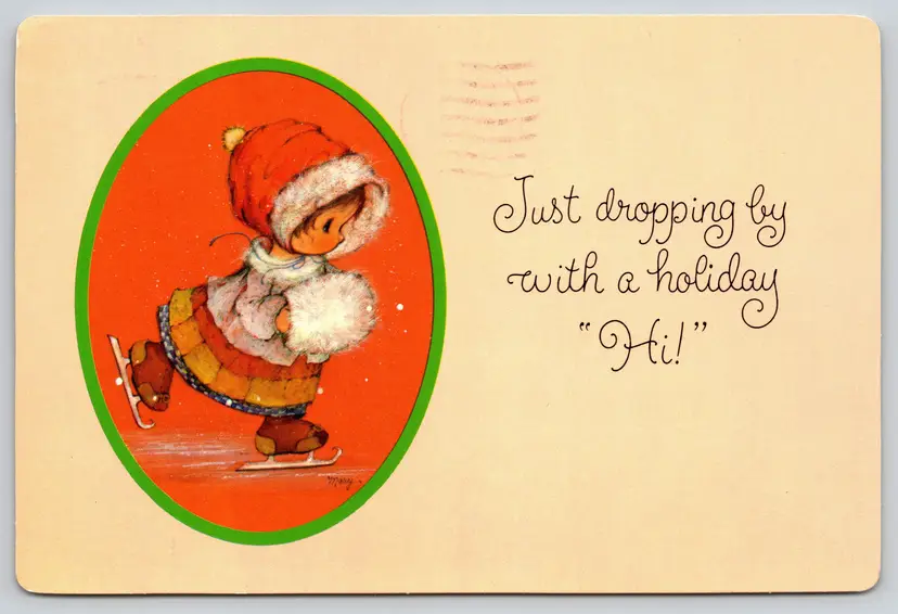 Postcard Dropping By with A Holiday Hi! Girl with Hand Muffs Ice Skating, Christmas - 14828