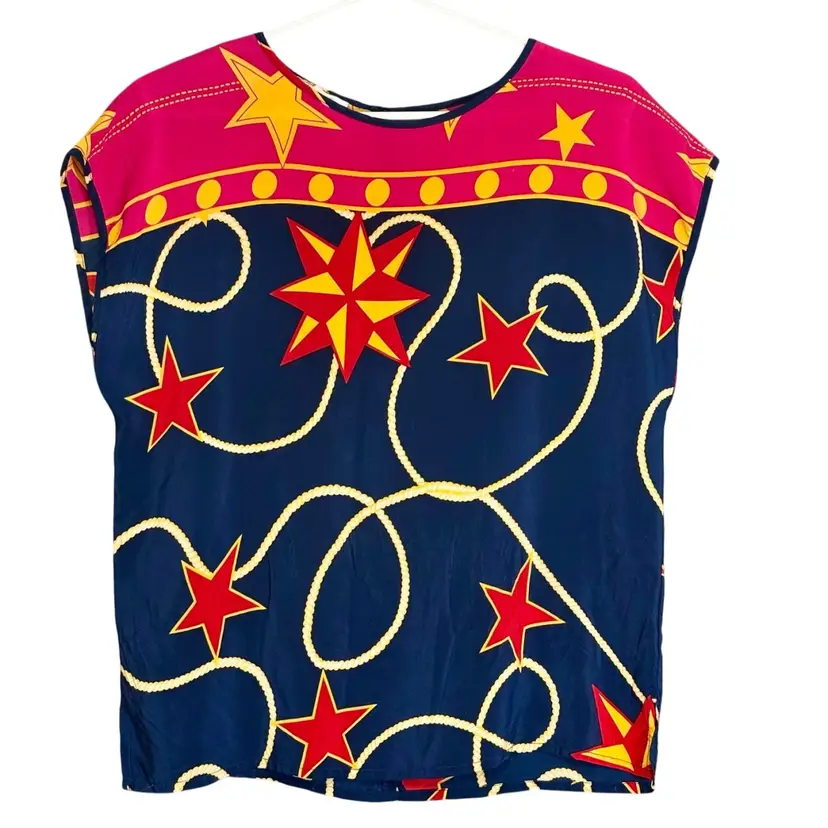 100% Silk Stars & Rope Patterned Short Sleeve Top Sz 8