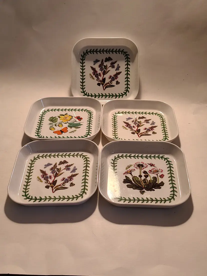 Set of 5 Melmac Square Botanic Garden Snack Plates by Susan Williams Ellis, Made in Italy for Portmeirion England