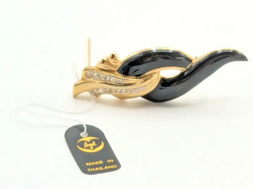 Vintage Gold Tone Black Enamel Rhinestone Brooch Pin NOS