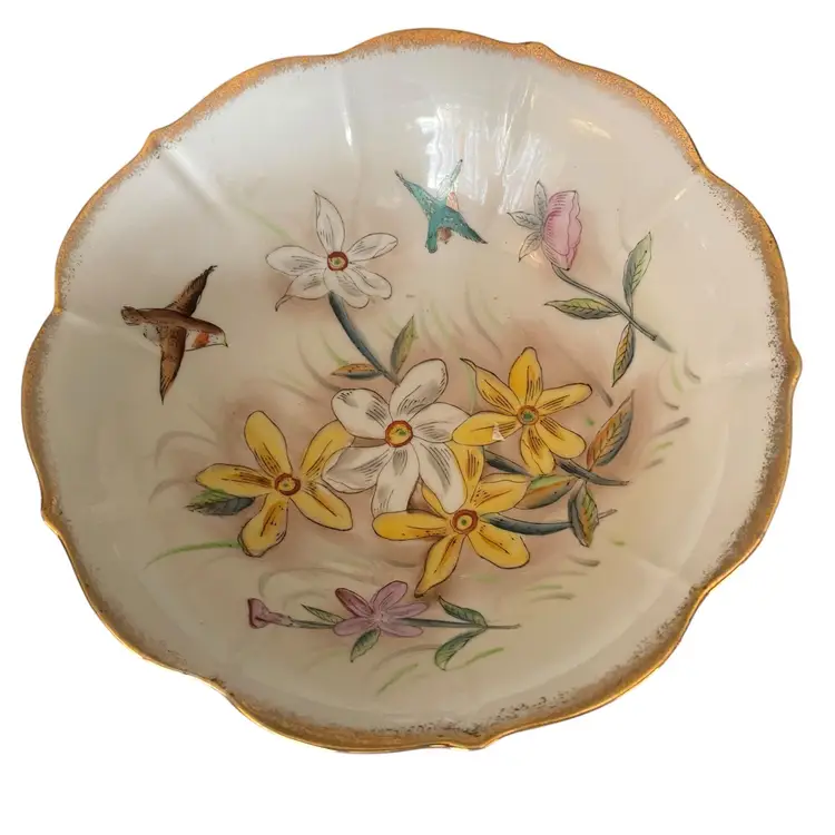 HUMMINGBIRD & FLOWERS Ardalt Lenwile Pedestal Bowl Vintage Hand-Painted Made in Japan